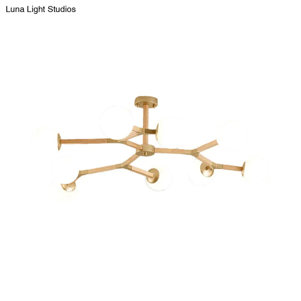 Contemporary Wood Branch Chandelier With White/Black/Gold Finish 3/6/9 Lights And White Glass Shade