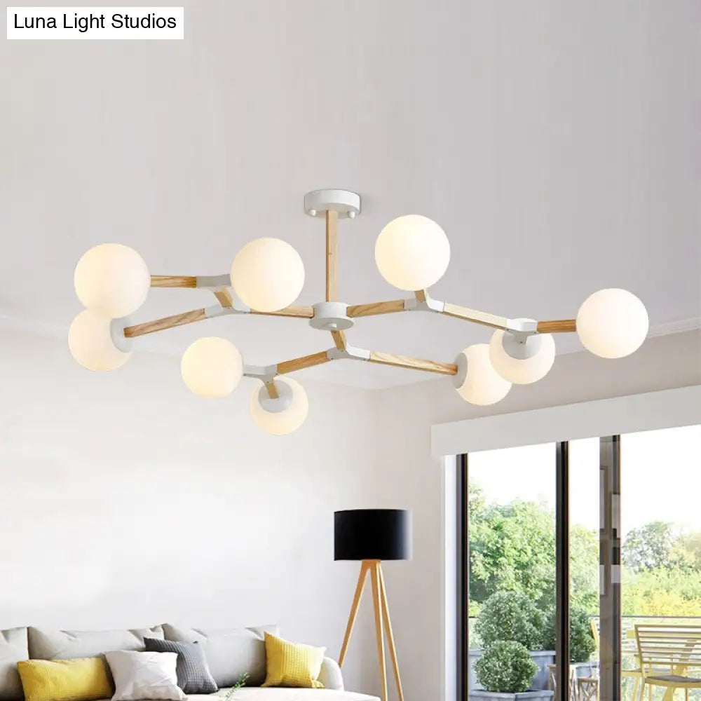 Contemporary Wood Branch Chandelier With White/Black/Gold Finish 3/6/9 Lights And White Glass Shade