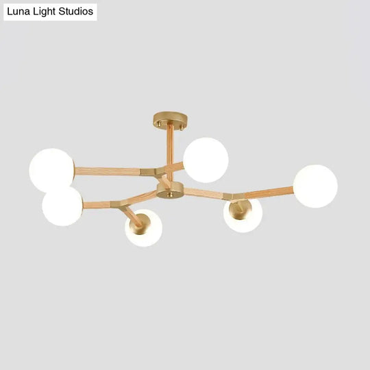 Contemporary Wood Branch Chandelier With White/Black/Gold Finish 3/6/9 Lights And White Glass Shade