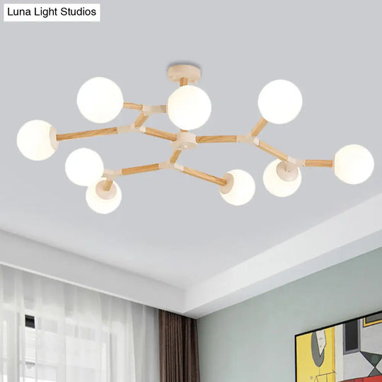 Contemporary Wood Branch Chandelier With White/Black/Gold Finish 3/6/9 Lights And White Glass Shade