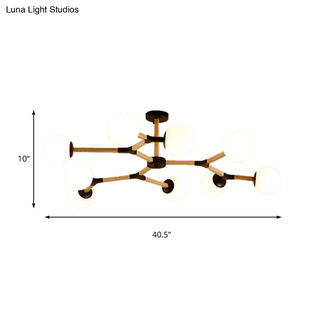 Contemporary Wood Branch Chandelier With White/Black/Gold Finish 3/6/9 Lights And White Glass Shade