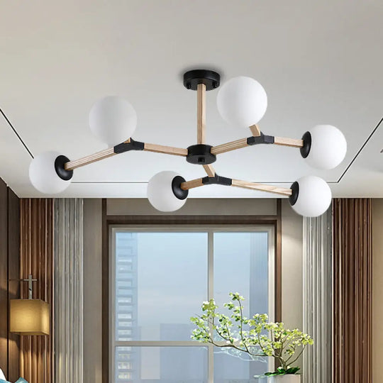 Contemporary Wood Branch Chandelier With White/Black/Gold Finish 3/6/9 Lights And White Glass Shade