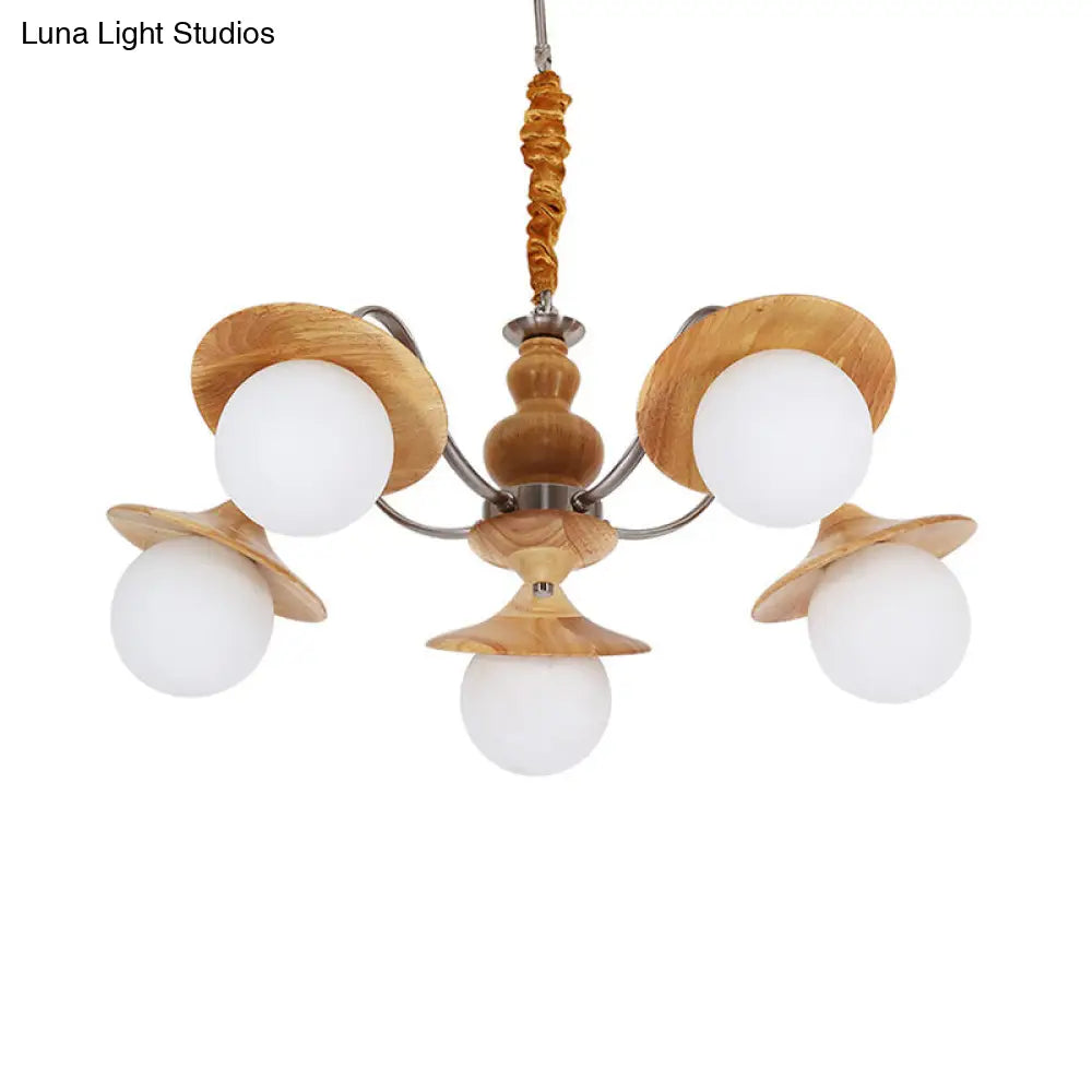 Modern Wood Chandelier With Flared Design 5-Bulb Restaurant Hanging Light Kit And Cream Glass Shade