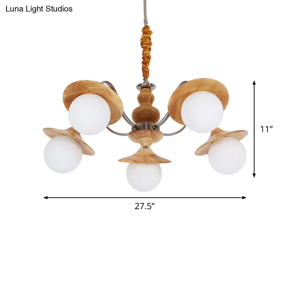 Contemporary Wood Chandelier With Flared Design - 5 Bulb Hanging Light Kit For Restaurants