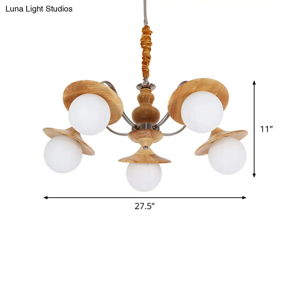 Modern Wood Chandelier With Flared Design 5-Bulb Restaurant Hanging Light Kit And Cream Glass Shade