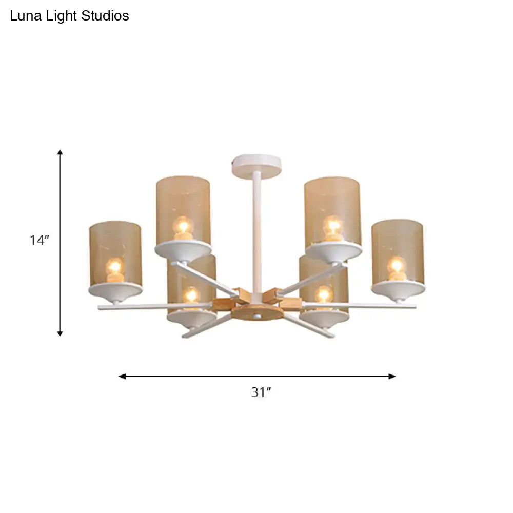 Contemporary Wood Cognac Chandelier - Cylinder Shade 3/6 Heads Lighting For Living Room