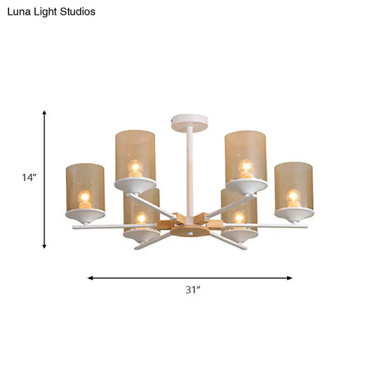 Contemporary Wood Cognac Chandelier - Cylinder Shade 3/6 Heads Lighting For Living Room