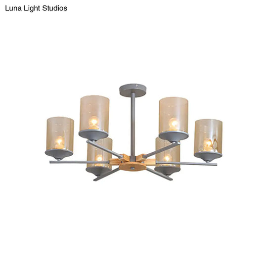 Contemporary Wood Cognac Chandelier - Cylinder Shade 3/6 Heads Lighting For Living Room