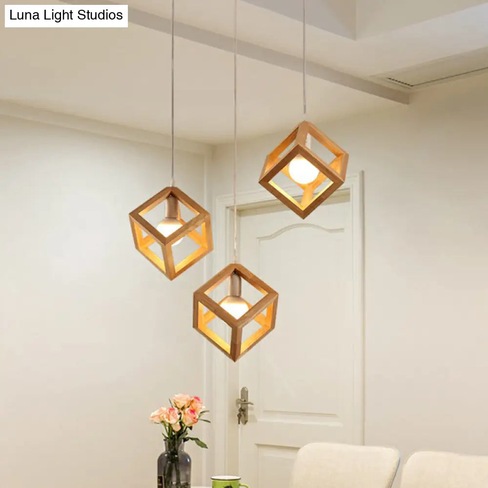 Contemporary Wood Cube Pendant Light - 3-Head Suspension For Dining Room