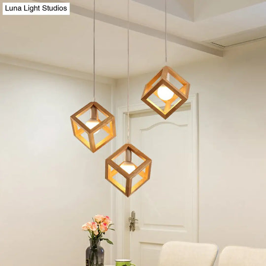 Contemporary Wood Cube Pendant Light - 3-Head Suspension For Dining Room