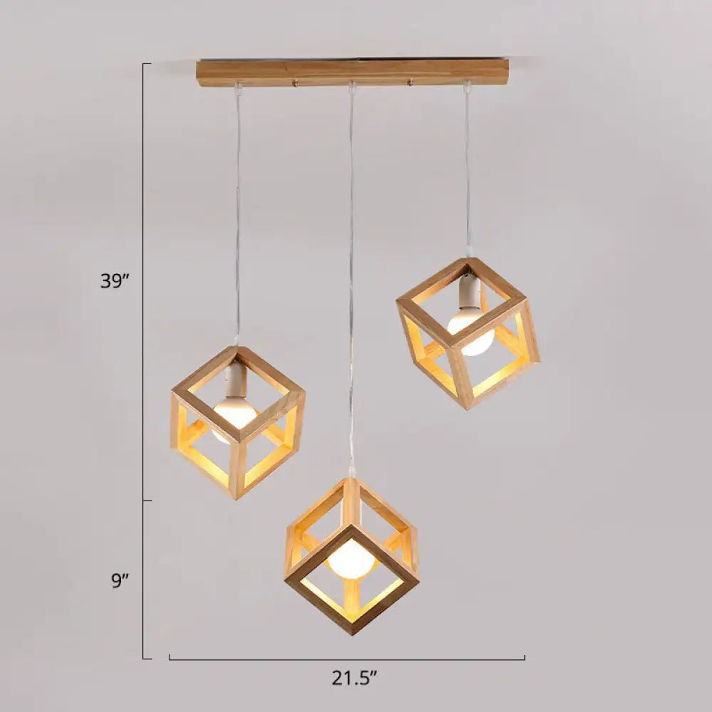 Contemporary Wood Cube Pendant Light - 3-Head Suspension For Dining Room