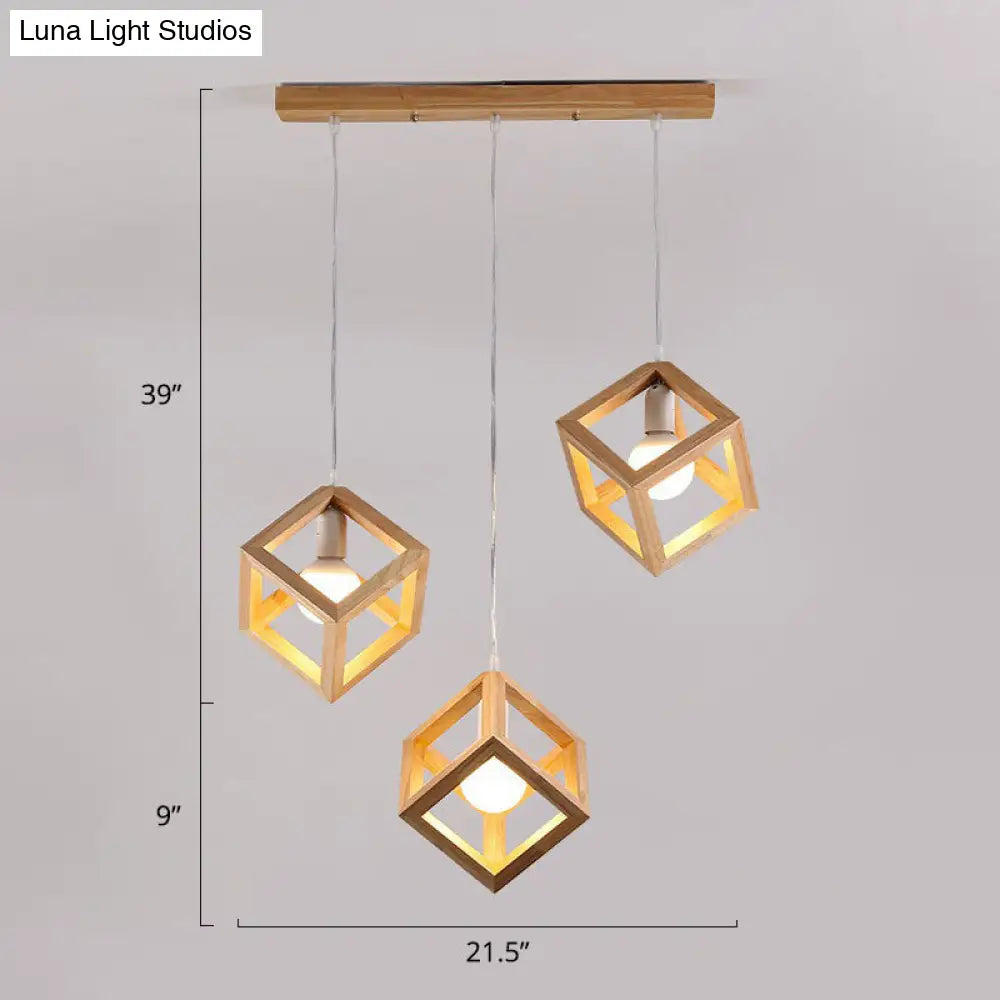 Contemporary Wood Cube Cluster Pendant Light For Dining Room: 3-Head Suspension