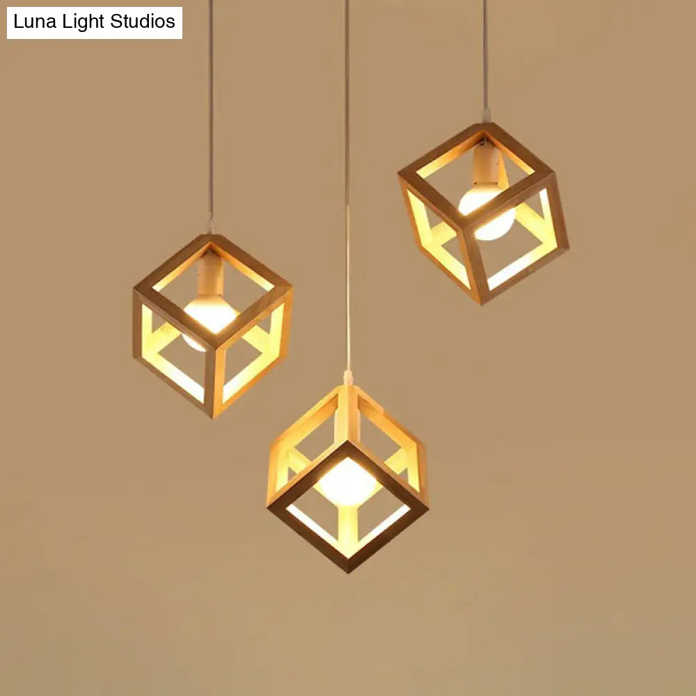 Contemporary Wood Cube Pendant Light - 3-Head Suspension For Dining Room