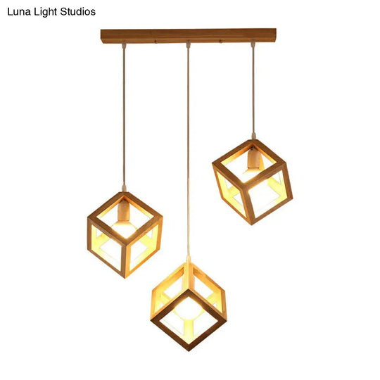 Contemporary Wood Cube Cluster Pendant Light For Dining Room: 3-Head Suspension