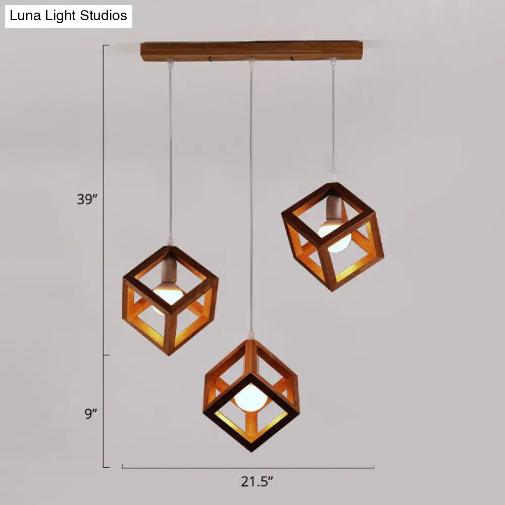 Contemporary Wood Cube Cluster Pendant Light For Dining Room: 3-Head Suspension Brown