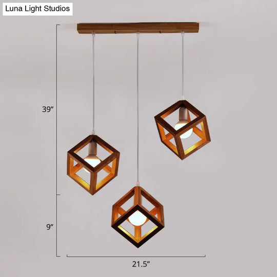 Contemporary Wood Cube Cluster Pendant Light For Dining Room: 3-Head Suspension Brown