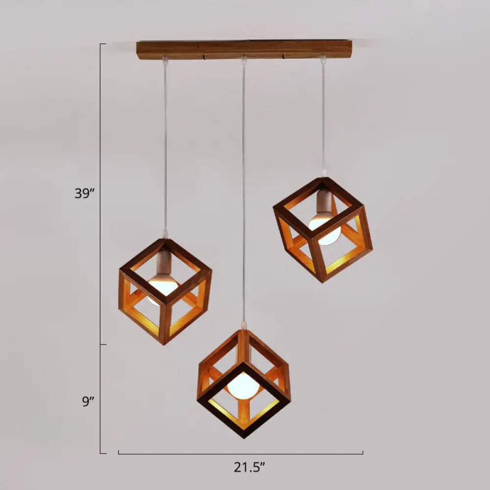 Contemporary Wood Cube Pendant Light - 3-Head Suspension For Dining Room Brown