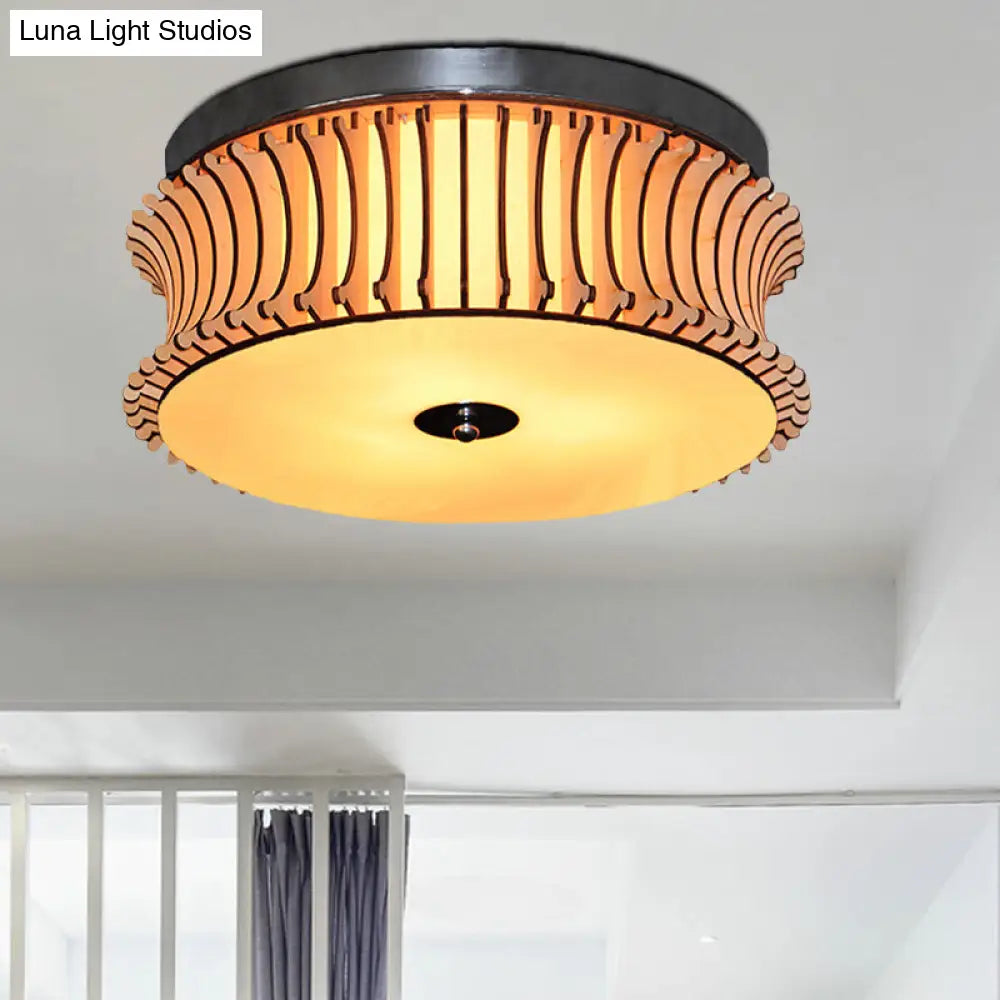 Contemporary Wood Drum Flushmount Lighting With 3 Beige Heads - Ceiling Flush Mount Lamp