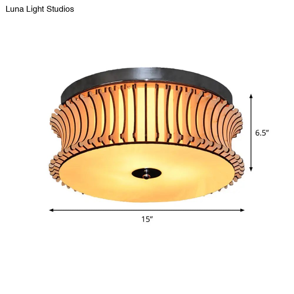 Contemporary Wood Drum Flushmount Lighting With 3 Beige Heads - Ceiling Flush Mount Lamp