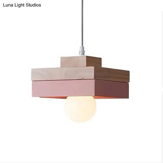 Contemporary Wood Geometry Hanging Ceiling Light - 1-Light Metallic Suspension For Dining Room Pink