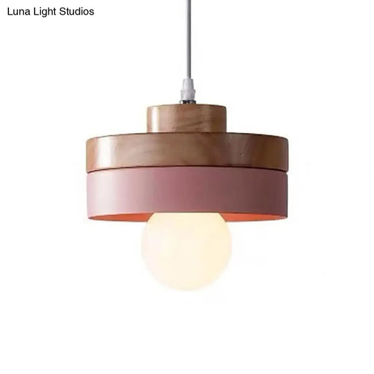 Contemporary Wood Geometry Hanging Ceiling Light - 1-Light Metallic Suspension For Dining Room Pink