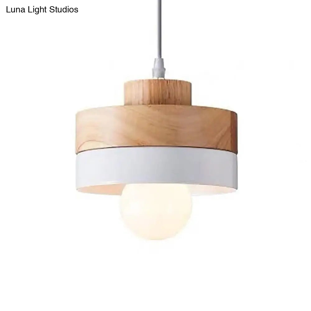 Contemporary Wood Geometry Hanging Ceiling Light - 1-Light Metallic Suspension For Dining Room White