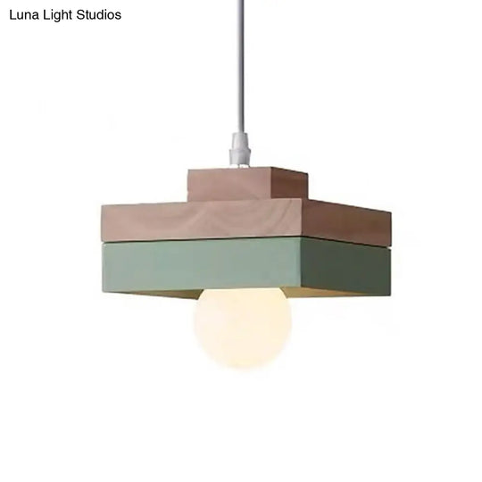 Contemporary Wood Geometry Hanging Ceiling Light - 1-Light Metallic Suspension For Dining Room Green