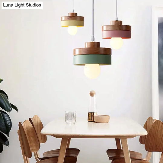 Contemporary Wood Geometry Hanging Ceiling Light - 1-Light Metallic Suspension For Dining Room