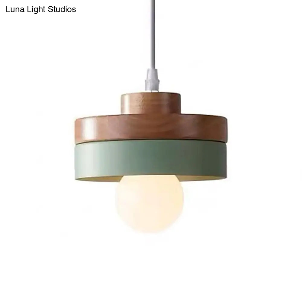 Contemporary Wood Geometry Hanging Ceiling Light - 1-Light Metallic Suspension For Dining Room Green