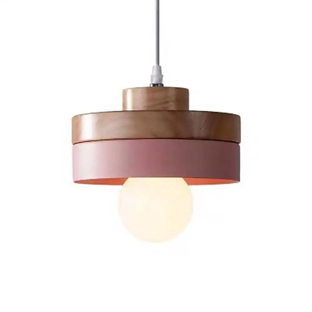 Contemporary Wood Geometry Hanging Ceiling Light - 1-Light Metallic Suspension For Dining Room Pink