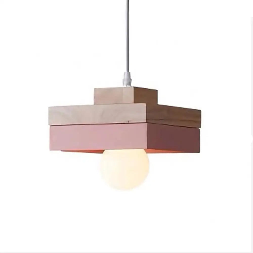 Contemporary Wood Geometry Hanging Ceiling Light - 1-Light Metallic Suspension For Dining Room Pink