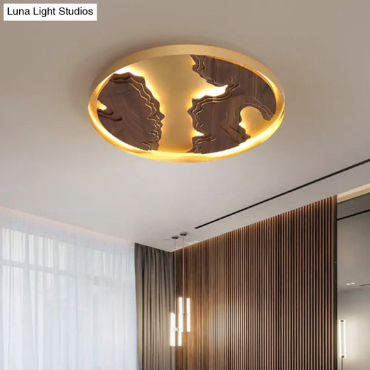 Contemporary Wood Gold/White Round Led Flush Mount Lamp For Living Room Ceiling - 16/19.5/23.5