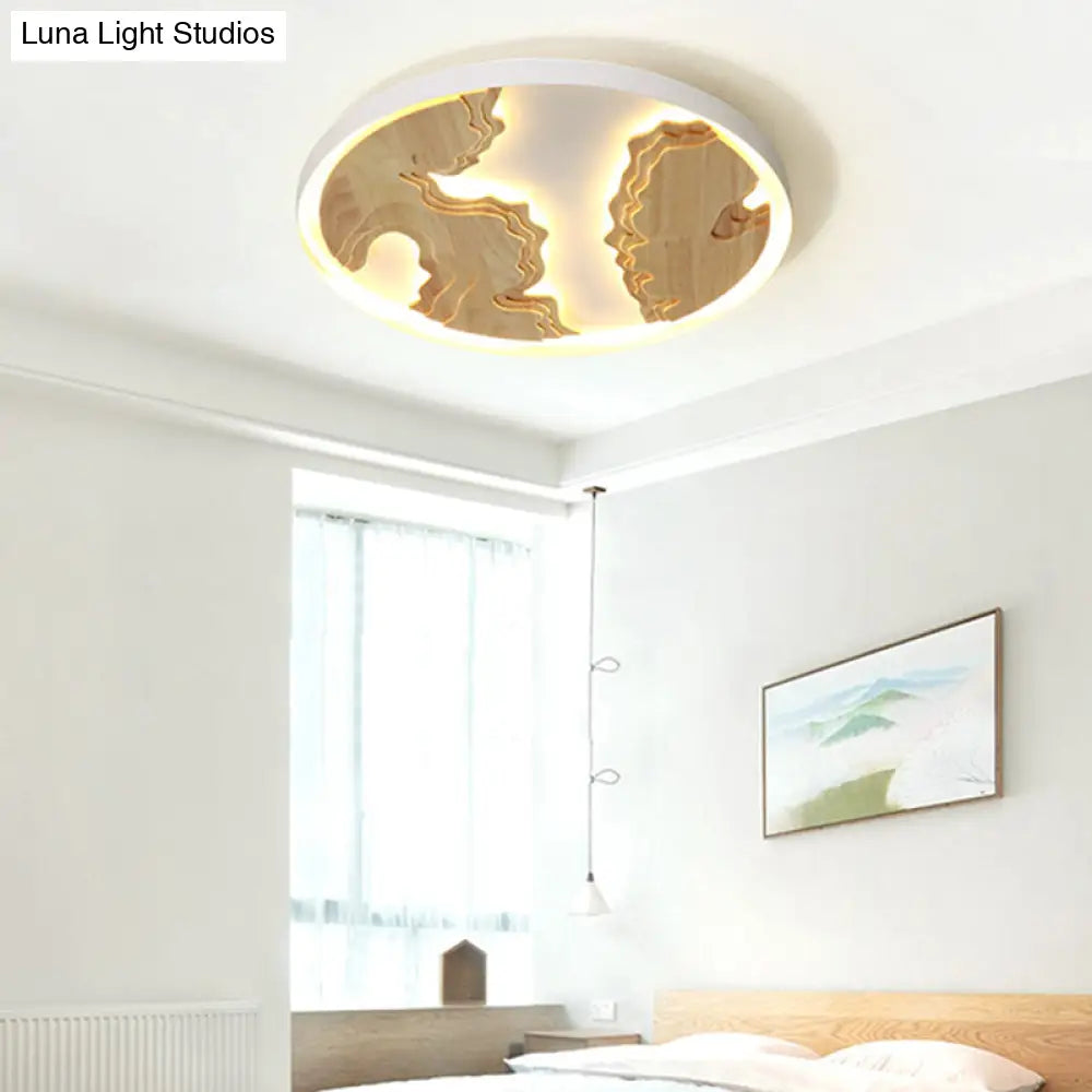 Contemporary Wood Gold/White Round Led Flush Mount Lamp For Living Room Ceiling -