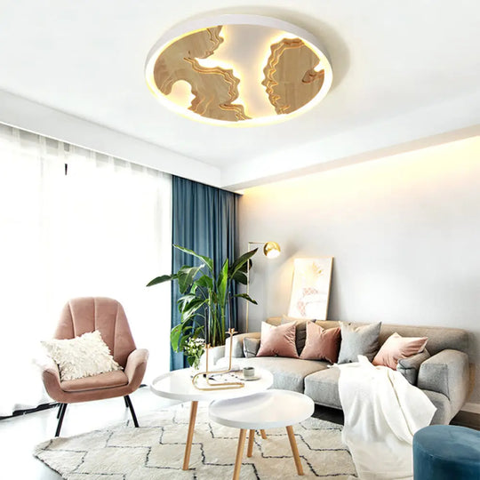 Contemporary Wood Gold/White Round Led Flush Mount Lamp For Living Room Ceiling -