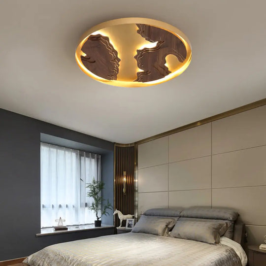Contemporary Wood Gold/White Round Led Flush Mount Lamp For Living Room Ceiling -