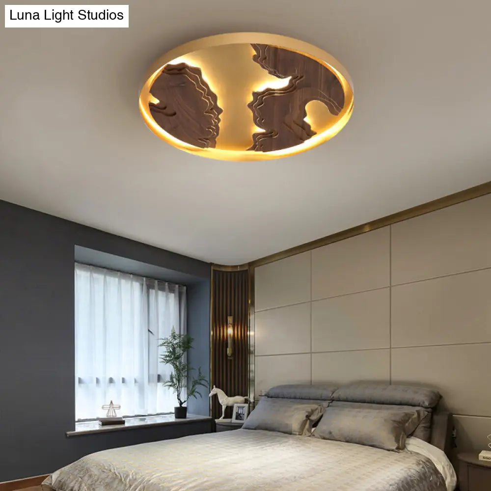 Contemporary Wood Gold/White Round Led Flush Mount Lamp For Living Room Ceiling - 16/19.5/23.5