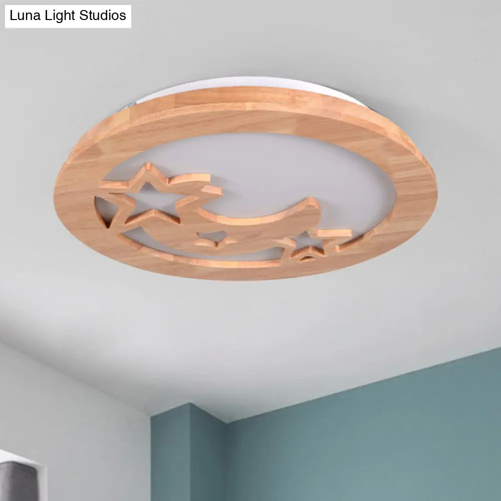 Contemporary Wood Led Ceiling Lamp With Carved Moon And Star Design - Natural Flush Mount Light For