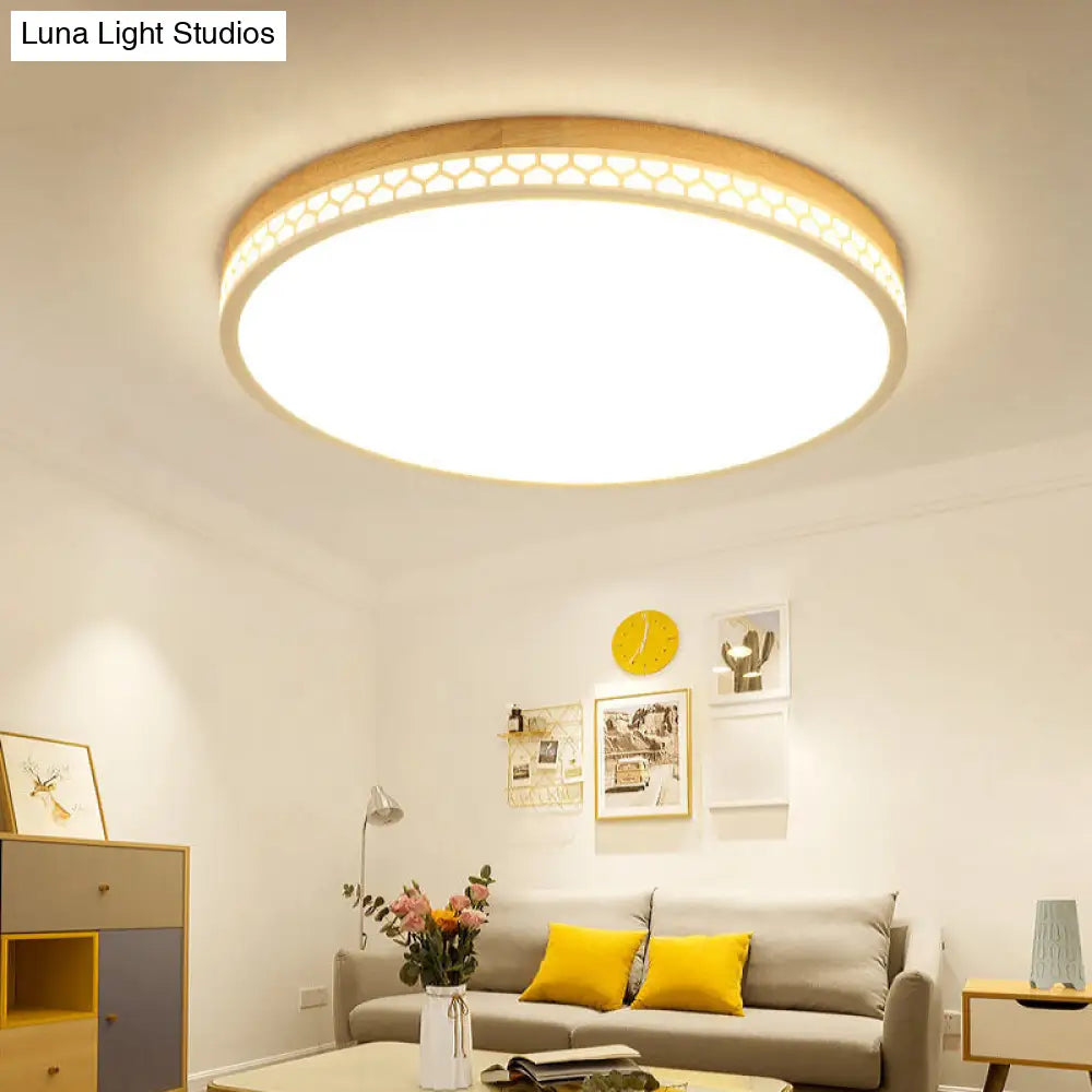 Contemporary Wood Led Flush Ceiling Light For Bedrooms - White