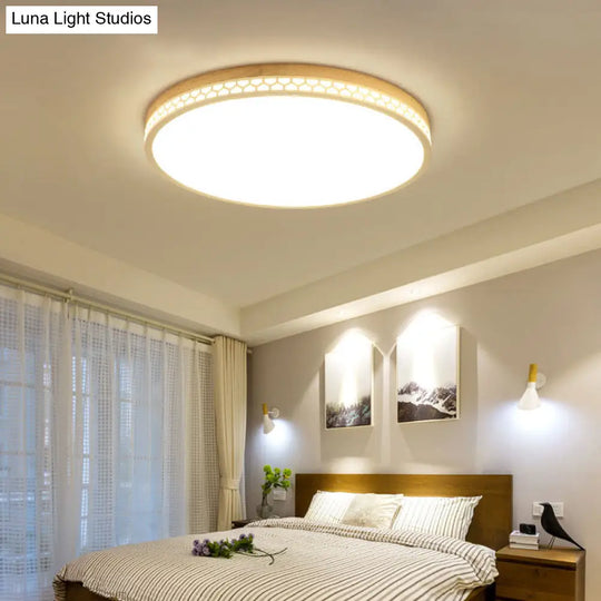 Contemporary Wood Led Flush Ceiling Light For Bedrooms - White