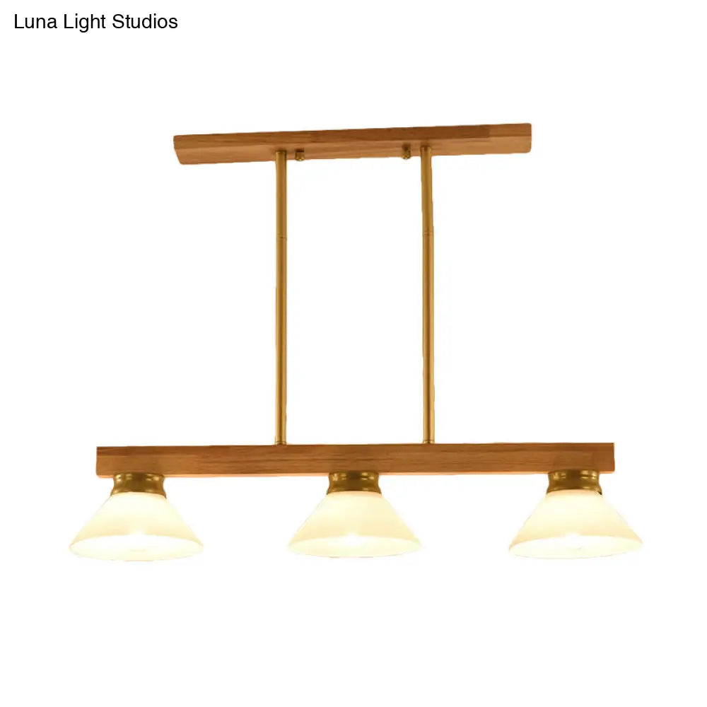 Contemporary Wood Linear Island Ceiling Light - 3 Head Dining Room Hanging Lamp Kit With Gold/Black