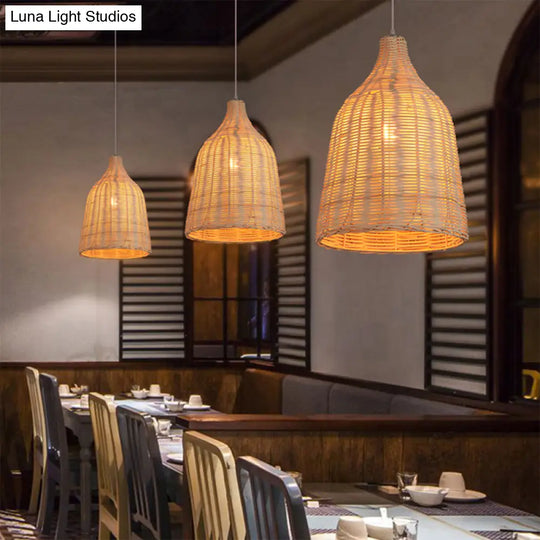 Contemporary Wood Pendant Light: Handcrafted In South-East Asia Single-Bulb Rattan Suspension