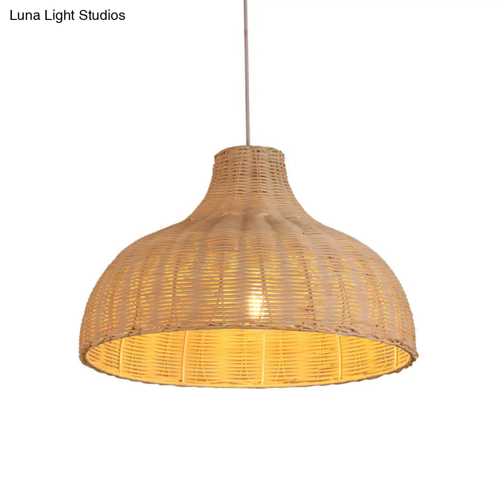 Contemporary Wood Pendant Light: Handcrafted In South-East Asia Single-Bulb Rattan Suspension