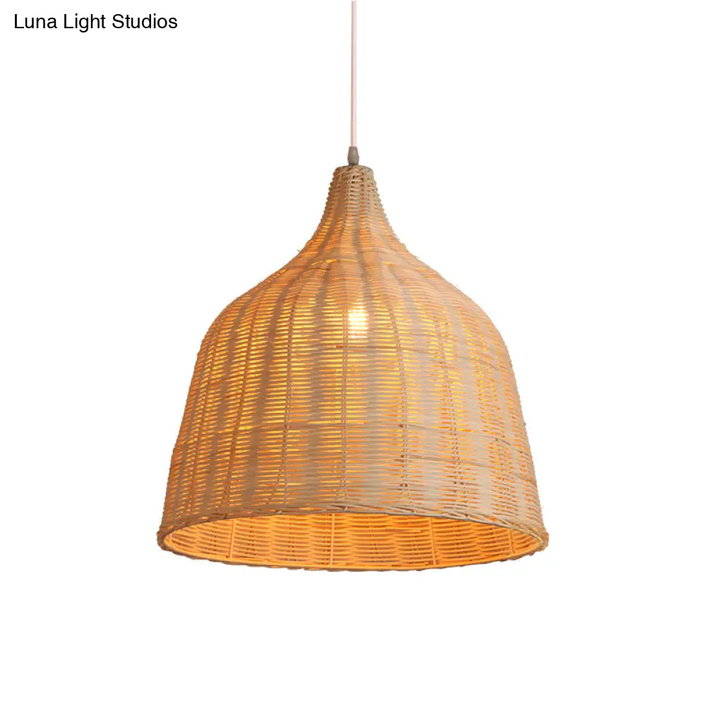 Contemporary Wood Pendant Light: Handcrafted In South-East Asia Single-Bulb Rattan Suspension