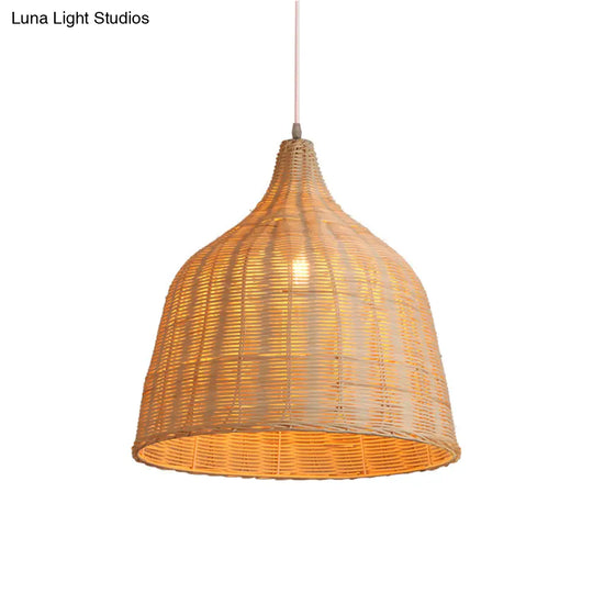 Contemporary Wood Pendant Light: Handcrafted In South-East Asia Single-Bulb Rattan Suspension