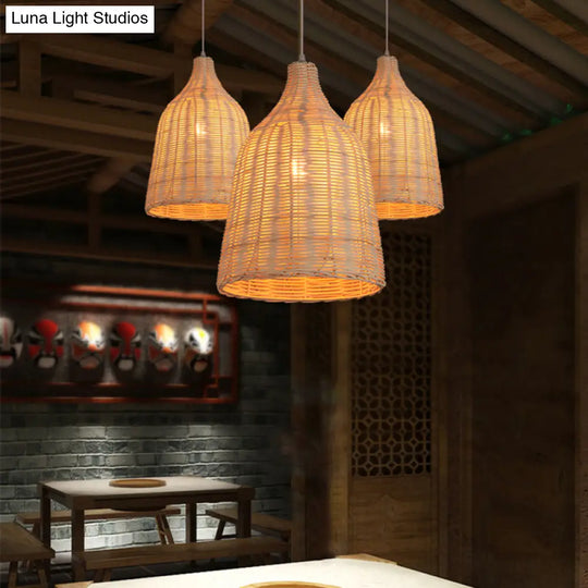 Contemporary Wood Pendant Light: Handcrafted In South-East Asia Single-Bulb Rattan Suspension