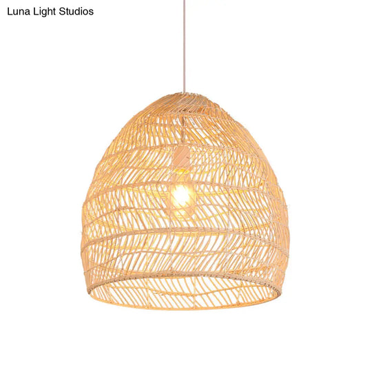 Contemporary Wood Pendant Light: Handcrafted In South-East Asia Single-Bulb Rattan Suspension