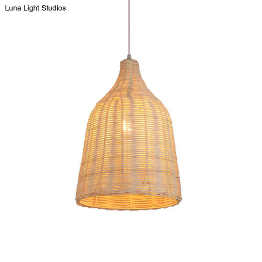 Contemporary Wood Pendant Light: Handcrafted In South-East Asia Single-Bulb Rattan Suspension