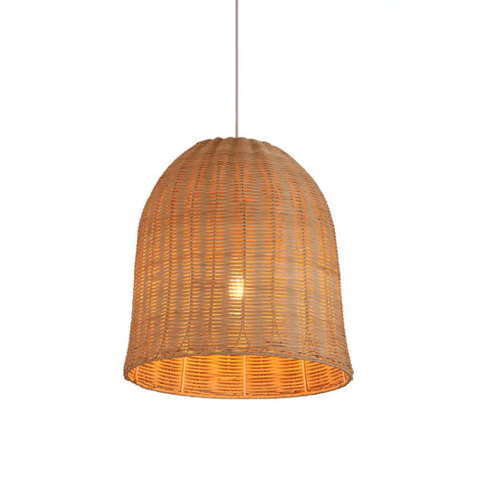 Contemporary Wood Pendant Light: Handcrafted In South-East Asia Single-Bulb Rattan Suspension / B