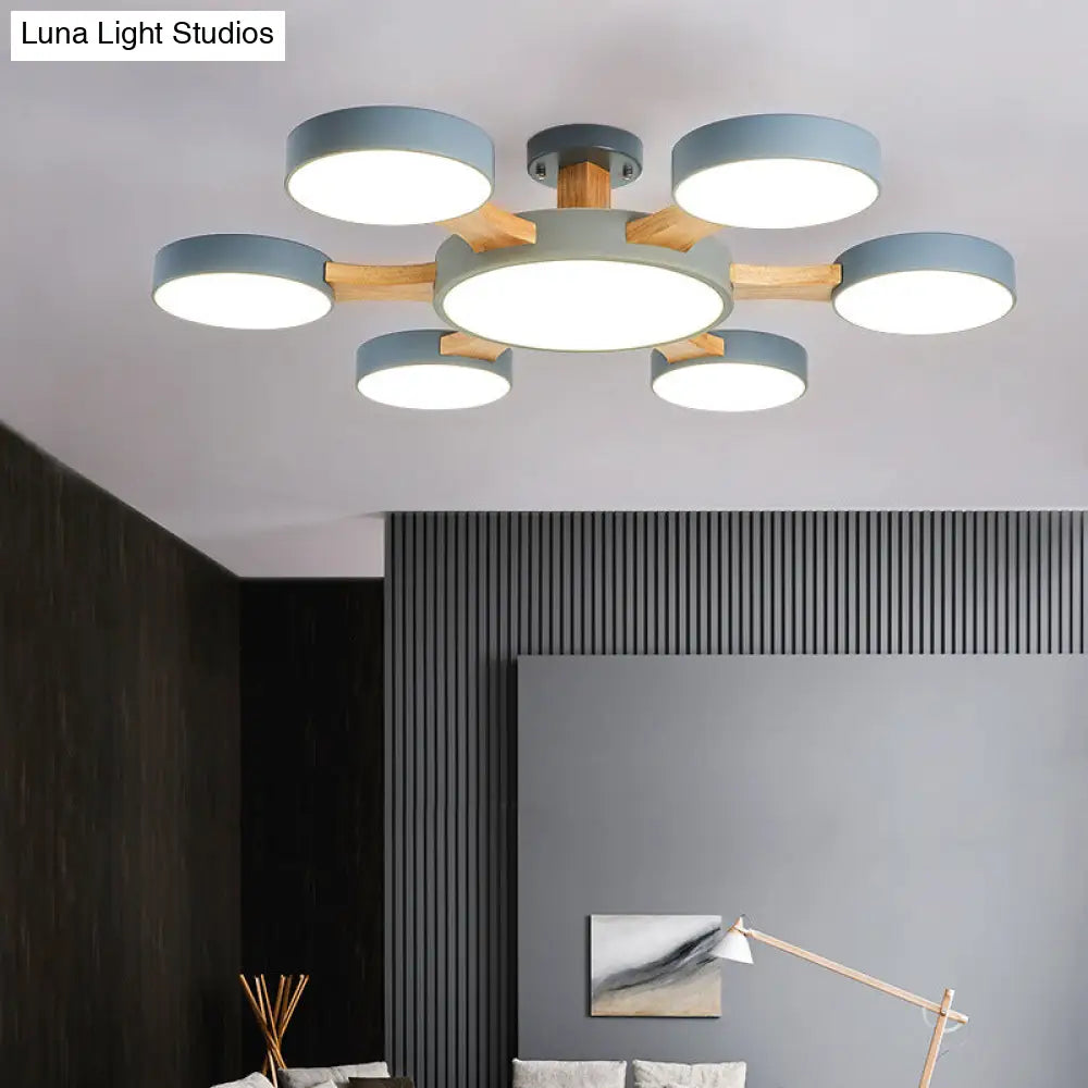 Contemporary Wood Radial Ceiling Light - 7 Bulbs Semi Flush Mount With Acrylic Shade