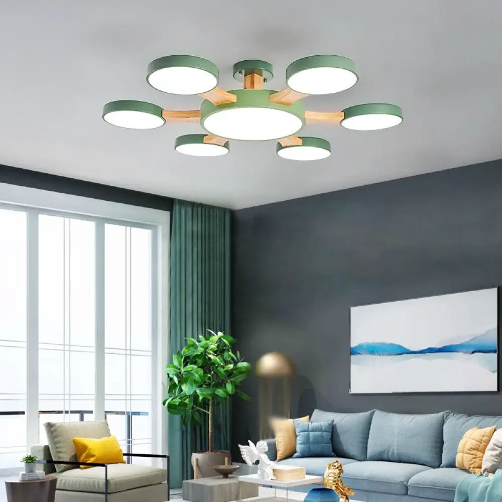 Contemporary Wood Radial Ceiling Light - 7 Bulbs Semi Flush Mount With Acrylic Shade / Green